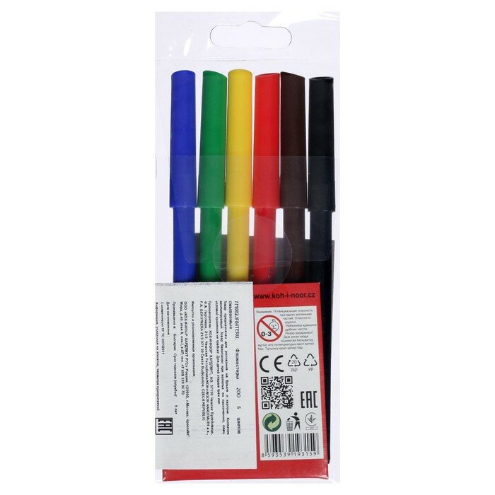 Фломастеры KOH-I-NOOR 6 цветов, смываемые, трехгранные, пластиковая упаковка (771002JF04TERU)