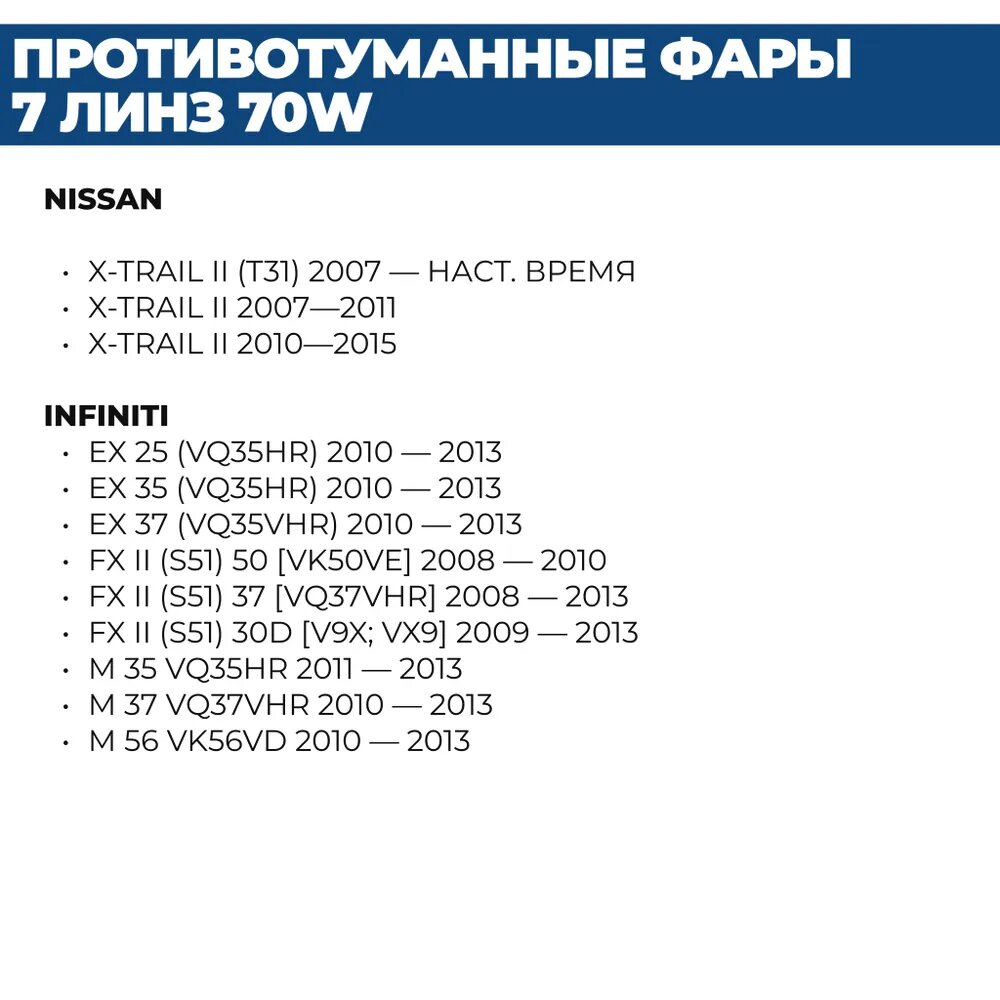 Противотуманные фары ПТФ светодиодные, 70W 7 линз для Nissan X-Trail II Qashqai II Murano Juke Infiniti EX FX II, 2 шт. — фото 1