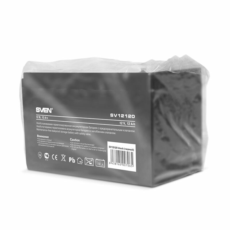 Батарея SVEN SV 12120 (12V 12Ah), напряжение 12В, емкость 12А*ч, макс. ток разряда 180А, макс. ток заряда 3.6А, свинцово-кислотная типа AGM, тип клемм F2 — фото 1