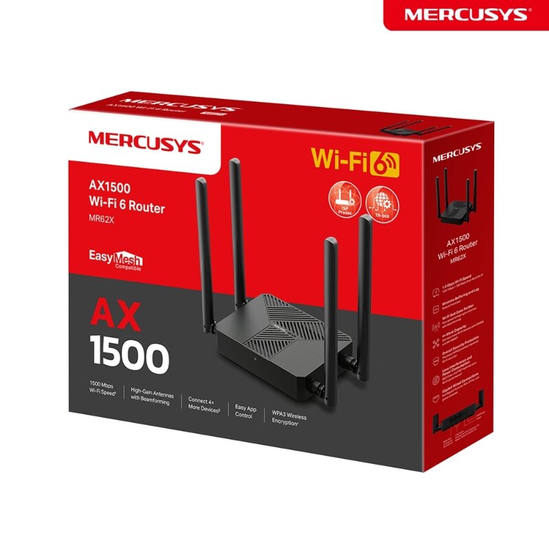 Роутер Mercusys MR62X Dual-band Wi-Fi 6 AX1500 гигабитный двухдиапазонный черный 4 антенны