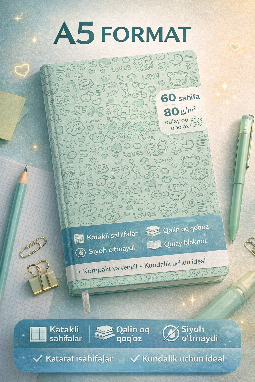 Блокнот A5 в клетку, с плотной белой бумагой, 80 г/м², 60 страниц, удобный для ежедневных записей