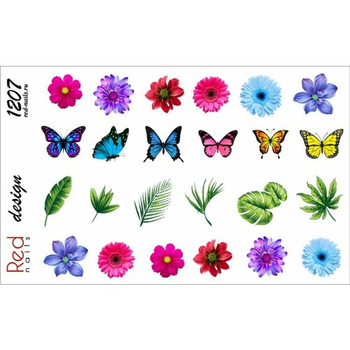 Слайдер-дизайн Red Nails №1207 - Цветы, бабочки и листья