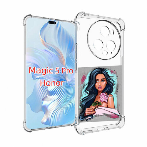 Чехол MyPads Девушка-с-розовой-розочкой женский для Honor Magic 5 Pro задняя-панель-накладка-бампер