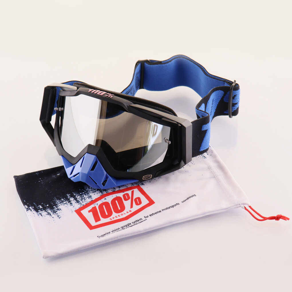 Очки защитные для мотоспорта, горнолыжного спорта, сноубординга, экстремального спорта 100% (черный-синий, стекло зеркальное, +чехол)