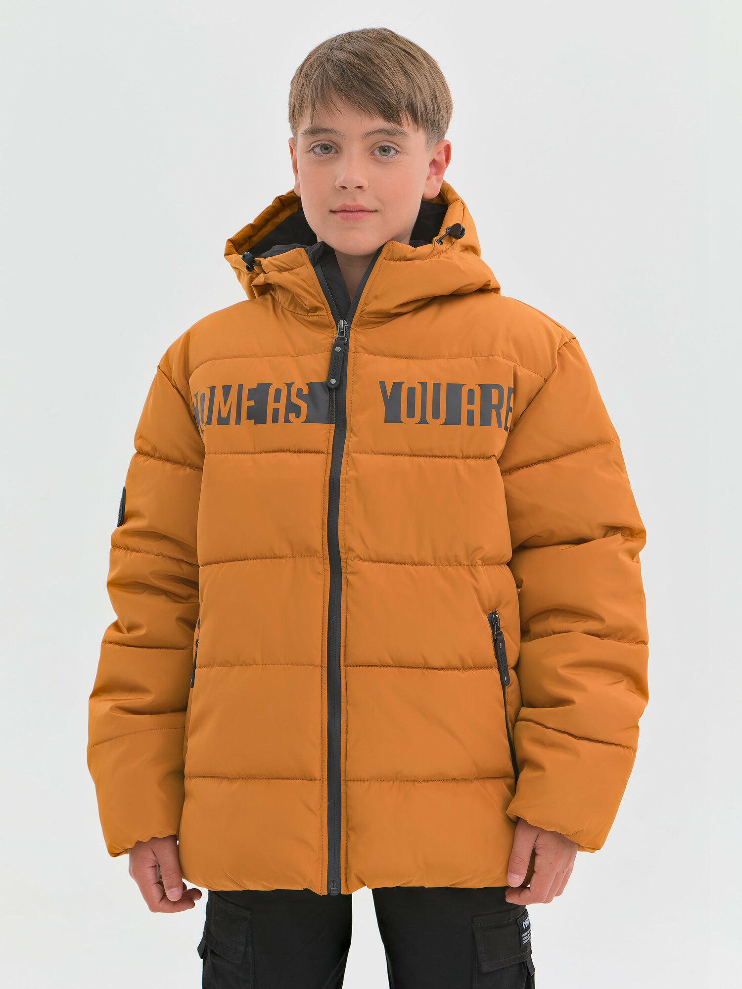 Куртка зимняя утепленная подростковая пуховик для мальчиков и для девочек WBR 68-007 охра 134