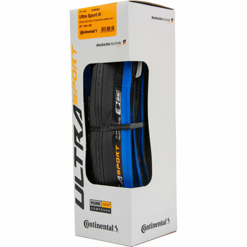 фото Велопокрышка continental ultrasport iii 700x25c tpi 180, чёрно-синия, кевлар (складная под камеру)