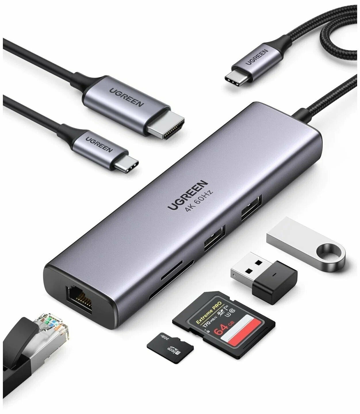 Хаб USB Ugreen CM512 USB Type-C - 2xUSB30+HDMI+RJ45+SD&TF+PD Grey 90568