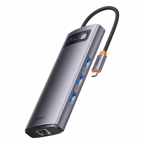 USB-концентратор Baseus BS-OH044, Metal Gleam, пластик, алюминий, 7 Гнезд, PD, 3xUSB3.0, 2xHDMI, RJ45, Вход: 5 В/3 А, Выход: 5 В/0,9 А, цвет: серый