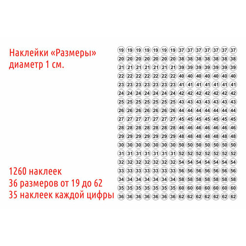 Наклейки Размеры на одежду 19-62 1260 шт 400₽