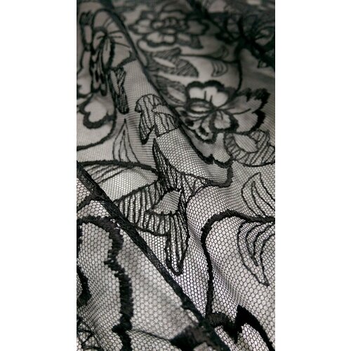 Ткань Кружево на сетке чёрное Италия ткань сетка с цветочной вышивкой италия
