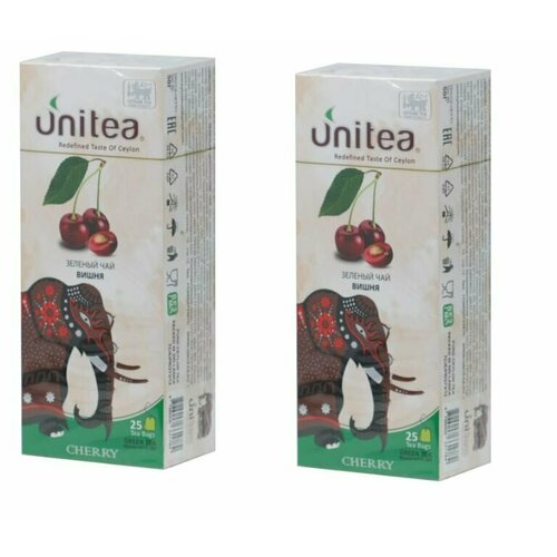 UNITEA Чай зелёный Вишня, 25 пакетиков, 50 г - 2 шт.