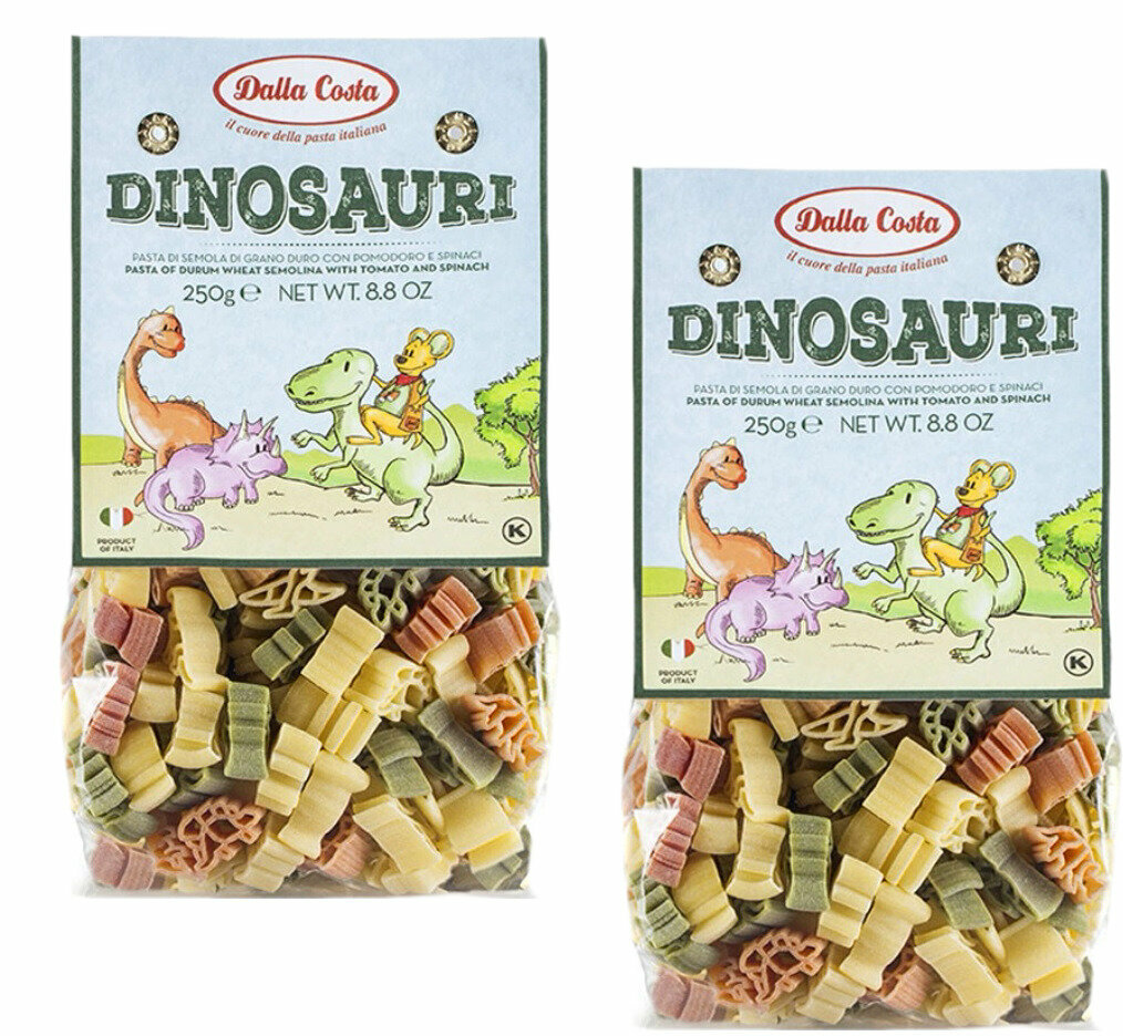 Макаронные изделия Dalla Costa фигурные Динозавры, без яиц со шпинатом и томатами, 250 г - 2 пачки