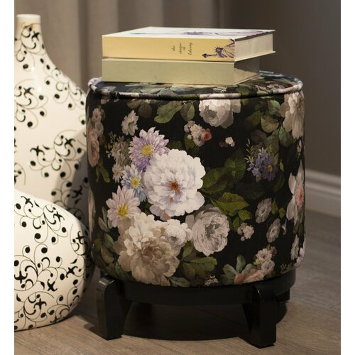 Пуф AdaWall цветы на черном фоне, ткань замша, с деревянной подложкой