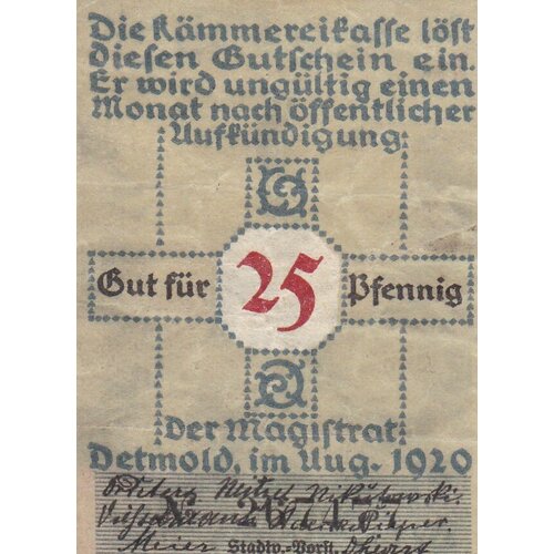 Германия (Веймарская Республика) Липпе-Детмольд 25 пфеннигов 1920 г. (5) германия веймарская республика липпе детмольд 25 пфеннигов 1920 г 4