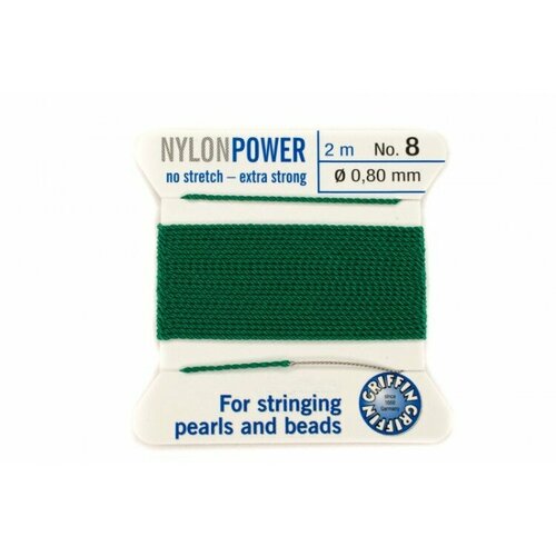 Нить для жемчуга и бисера Griffin с иглой, диаметр 0,8мм, длина 2м, цвет зеленый, 1030-146, 1шт