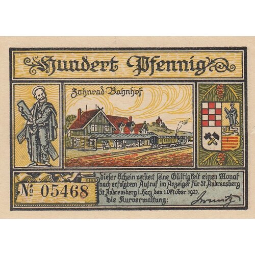 Германия (Веймарская Республика) Санкт-Андреасберг 100 пфеннигов 1921 г. германия веймарская республика санкт андреасберг 75 пфеннигов 1921 г