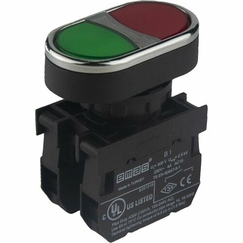 Нажимная кнопка Emas сдвоенная красно-зеленая, 1НО+1НО, серия B, 250 В AC, 4 А, B101K20KY