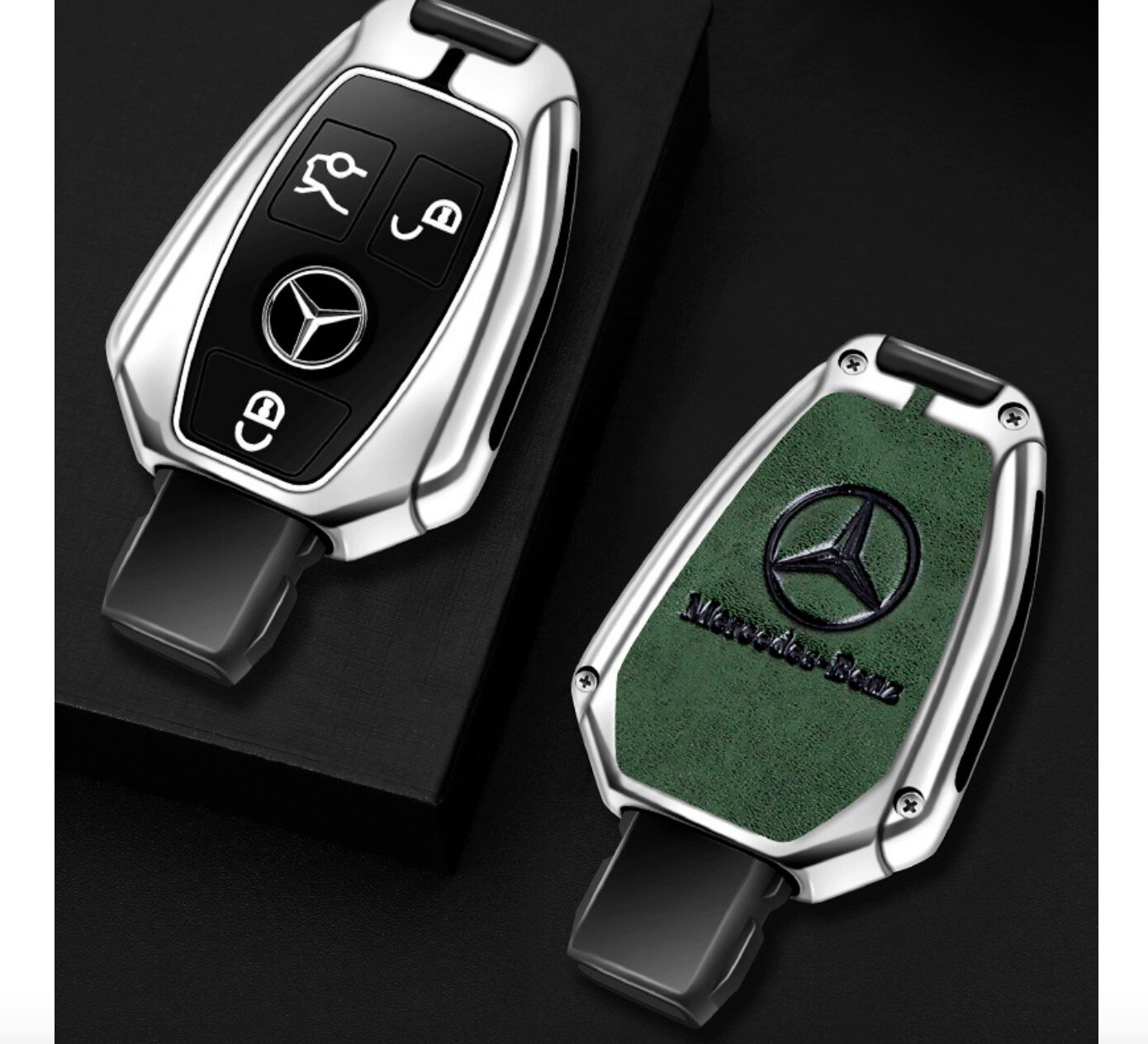 Противоударный защитный металлический чехол MyPads M-231764 зеленый/серая сталь для автомобильного ключа ‎Mercedes-Benz E С S А класс CLA GLA‎ GLB .