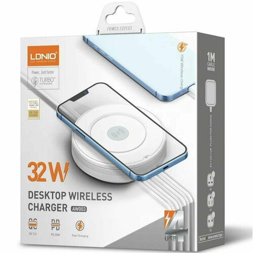 Зарядное устройство LDNIO AW003/Q. C.3.0/PD 20 Вт/3 USB разъема/беспроводная зарядка 18 Вт, белый бесцветный, белый