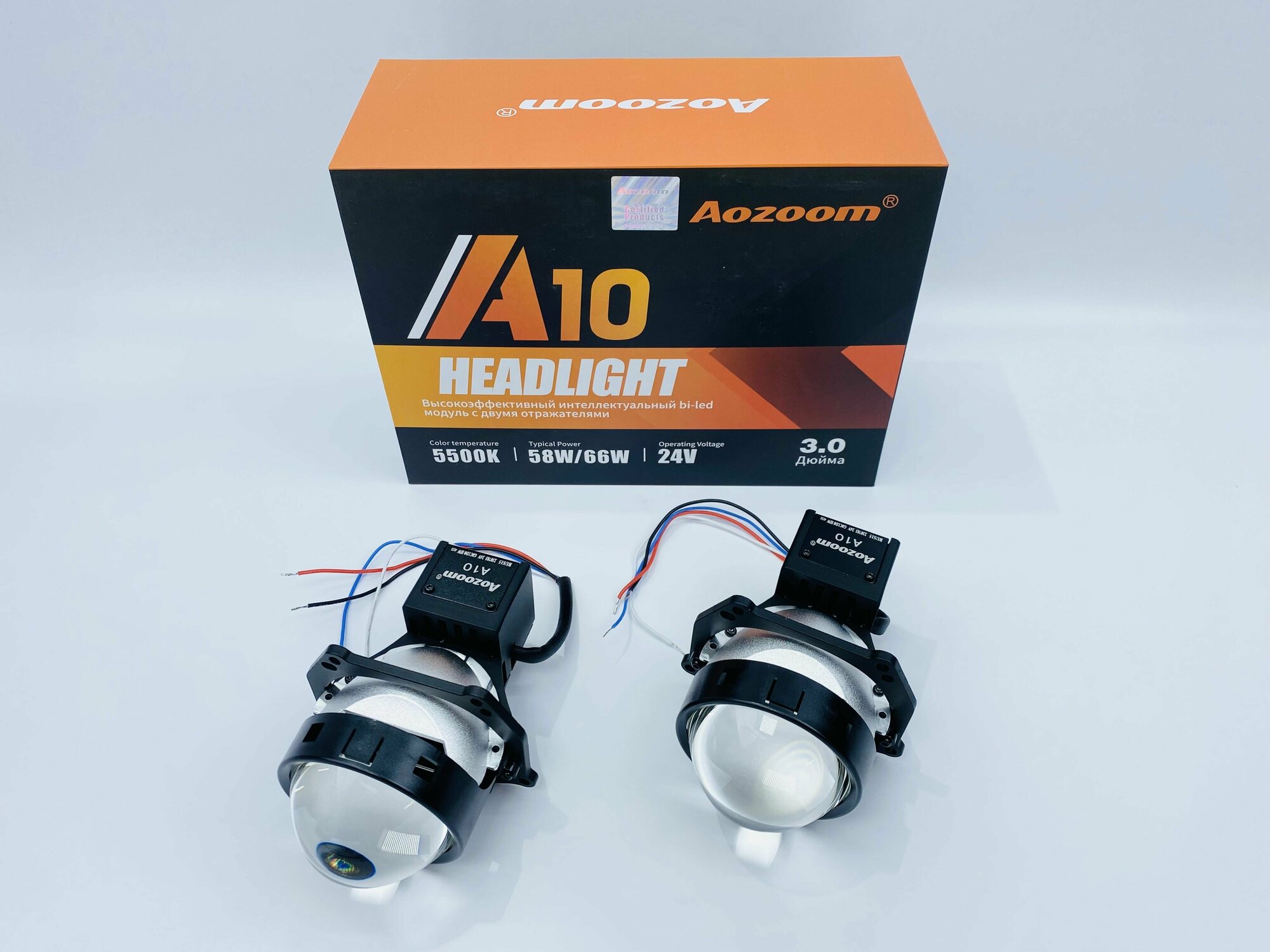 Светодиодные би лед модули ближнего/дальнего света Bi LED Aozoom A10 Truck, 24V, 5500K, 3.0", комплект, 2 линзы