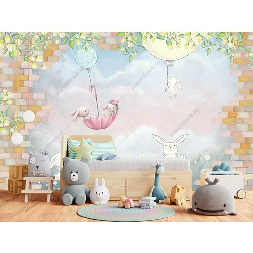 Фотообои Зайки в зонтике и крпичная стена 275x418 (ВхШ), бесшовные, флизелиновые, MasterFresok арт 14-643