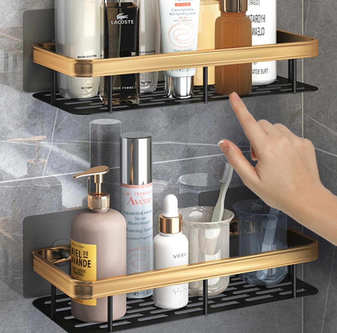 Полка-держатель для ванной комнаты MyPads, для кухни настенная навесная легкая в установке для удобного хранения вещей черно-золотая
