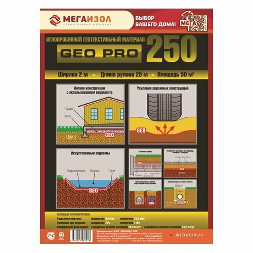 Геотекстиль мегаизол Geo Pro 250, 250г/м2, длина 2м, ширина 25м, белый [3480428]