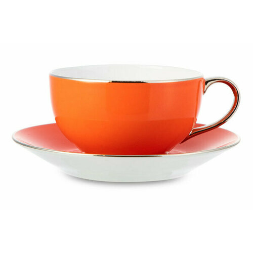 Чашка чайная с блюдцем Legle Под солнцем 280 мл, фарфор, коралловая, платиновый кант