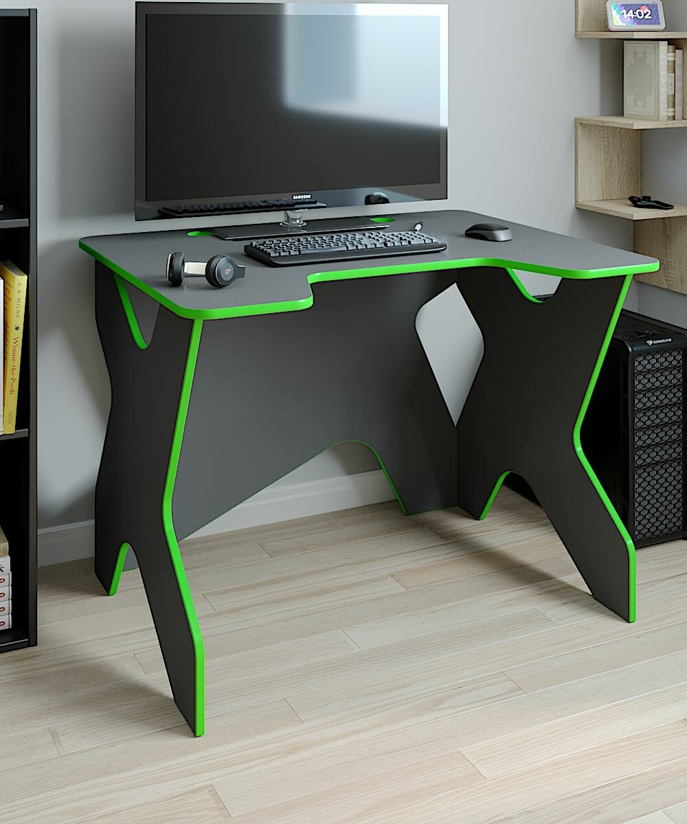 Игровой компьютерный стол для геймера, стримерский для игр на пк, размещения компьютера и нескольких мониторов цвет антрацит с зелёным, 100 х 80 х 75 см, Феликс