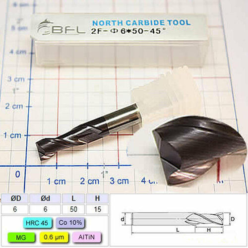 Фреза концевая, спиральная рабочий Ø6мм двухзаходная прямоугольная, износостойкое покрытие алюмонитрид титана TiAlN