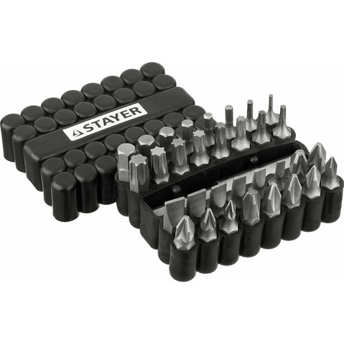 Набор STAYER Биты Cr-V, 33 предмета с магнитным адаптером, в ударопрочном держателе набор stayer master super universal биты полный ассортимент стандартных и специальных шлицов адаптеры cr v 100 предметов в боксе