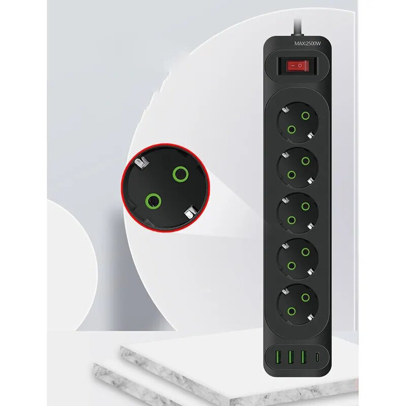 Сетевой фильтр удлинитель/с переключателем на 5 розетки и 3 входа для USB/ USB type-c/тройник/для дома/удлинитель/с выключателем — фото 2