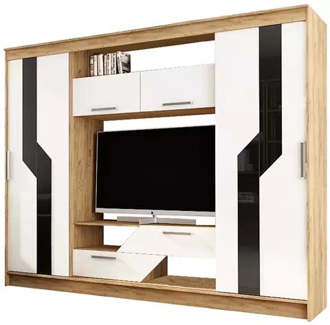 фото Стенка Эра Кармен дуб вотан / белый глянец 247х52х200 см