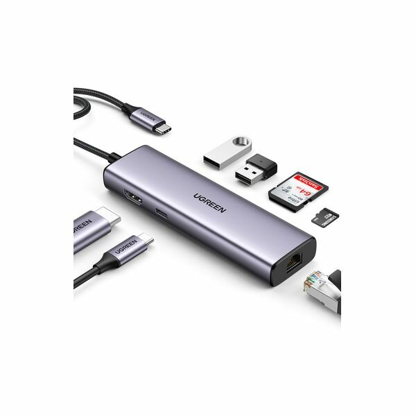 Хаб USB Ugreen CM512 USB Type-C - 2xUSB30+HDMI+RJ45+SD&TF+PD Grey 90568
