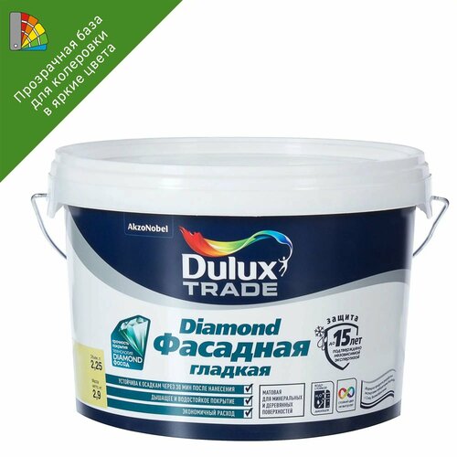 Краска для колеровки фасадная Dulux Гладкая прозрачная база BC 2.25л краска для колеровки фасадная dulux classic colour прозрачная база bc 9 л