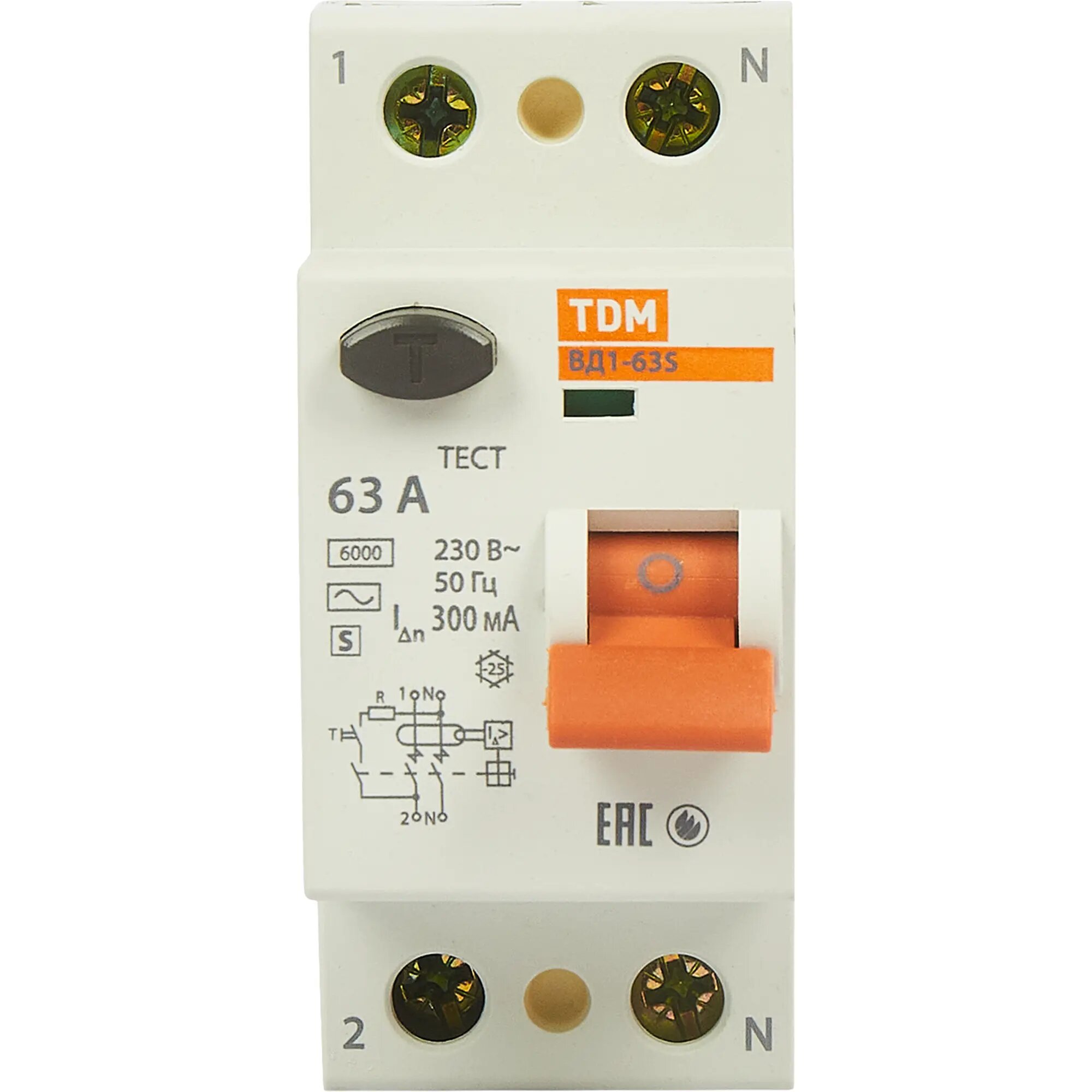 УЗО Tdm Electric ВД1-63S 2P 63 A 300 мА 4.5 кА AC SQ0203-0061