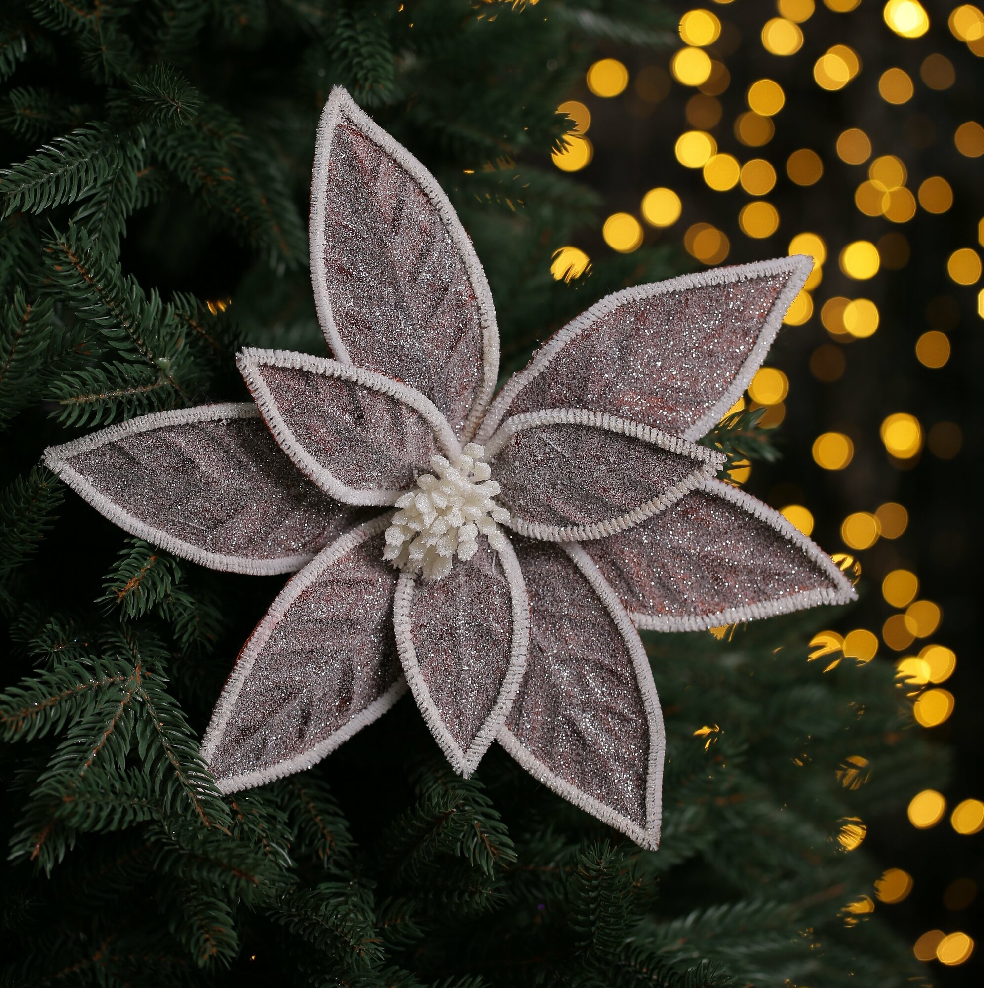 Цветок искусственный декоративный новогодний, диаметр 28 см, цвет шоколад