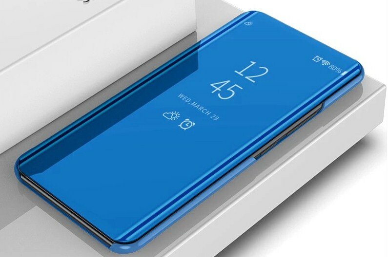 Чехол-книжка MyPads для Samsung Galaxy S21 FE с дизайном Clear View Cover с полупрозрачной пластиковой крышкой с зеркальной поверхностью синий