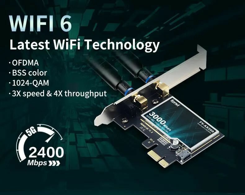 Wi-Fi Сетевая карта для ПК Fenvi Dual Band 3000 Мбит 2.4,5 ГГц с WiFi6 AX200 PCIe беспроводной Wi-Fi адаптер — фото 9
