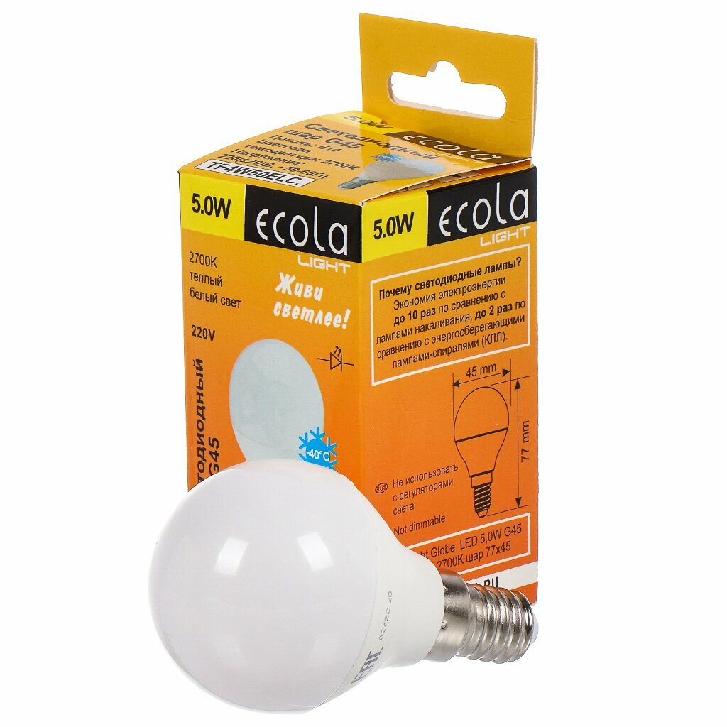 Лампа светодиодная E14 5 Вт 40 Вт 220 В шар 2700 К свет теплый белый Ecola G45 LED