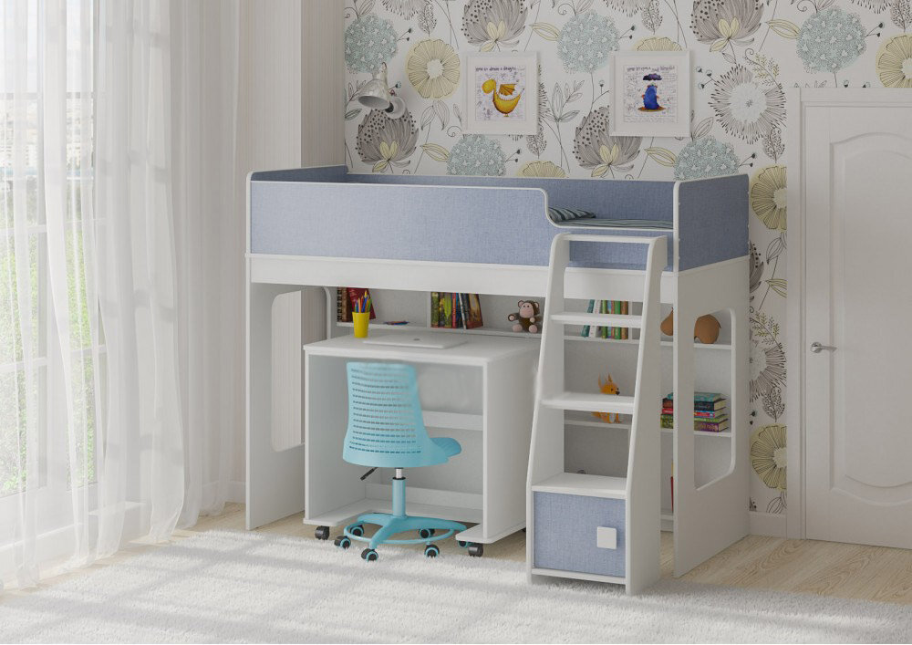 фото Кровать чердак Л-42.3.6 Белый Светло Синий/Голубой