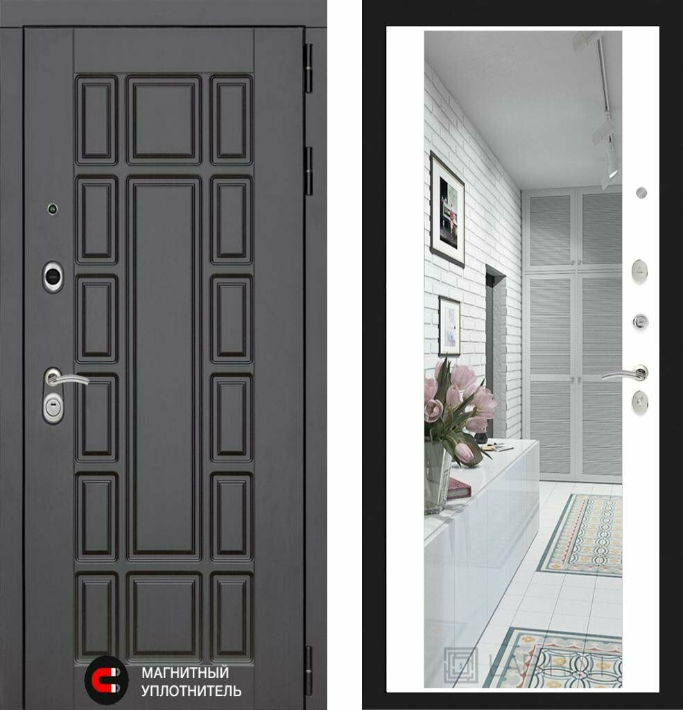 фото Входная дверь Labirint New York "Белый софт" с широким зеркалом 880x2050, открывание левое