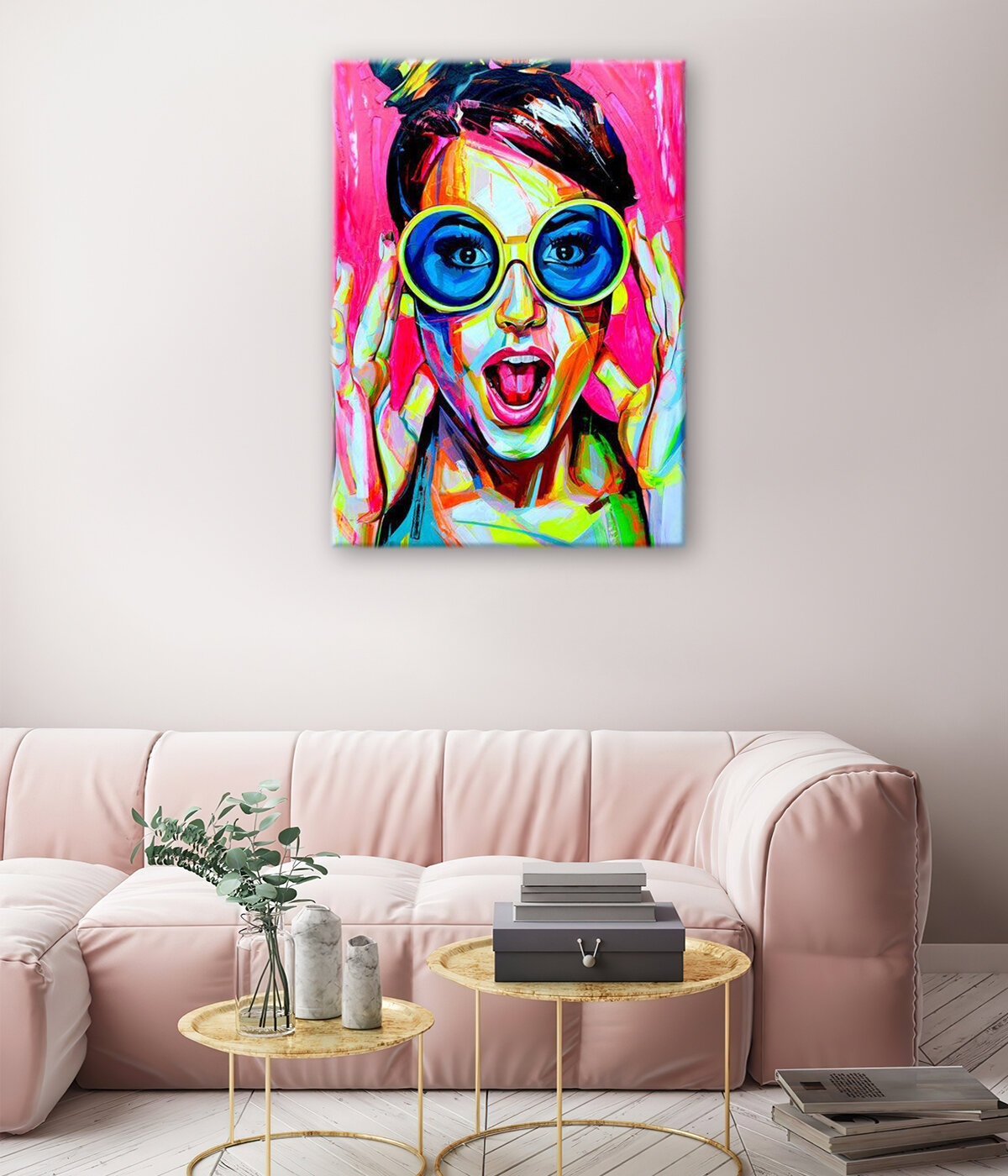 Картина/Картина на холсте/Картина на холсте для интерьера/Картина на стену/Картина в подарок для дома/- Девушка в желтых очках на розовом фоне 40х60