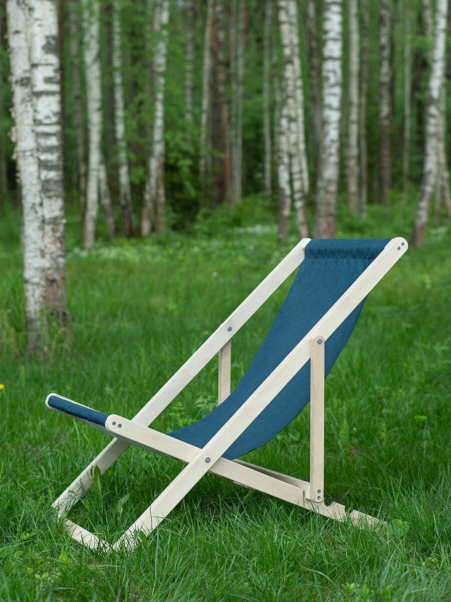 Складной шезлонг для улицы, дома и дачи (без покраски, синяя ткань) / садовое кресло из дерева - фотография № 6