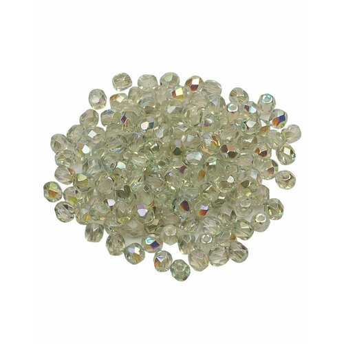 Стеклянные чешские бусины, граненые круглые, Fire polished 4 мм, Crystal Green Rainbow, 150 шт.