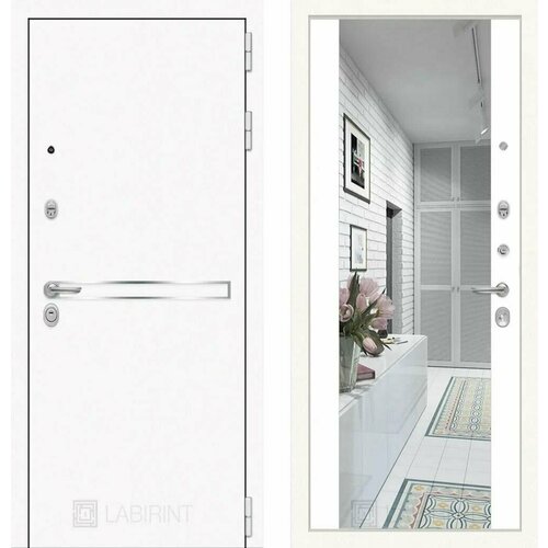 Входная дверь Labirint Лайн WHITE с широким зеркалом Максимум, цвет Белый софт 960x2050, открывание правое