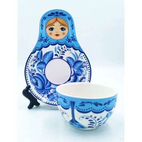 Подарочная Чайная пара Матрешка Гжель 150мл фарфор чайный сервиз сувениры и подарки на день рождения 1317₽