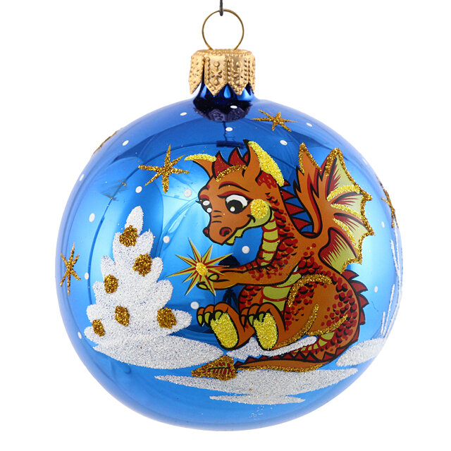 Стеклянный елочный шар Зодиак - Дракон со звездой 7 см синий