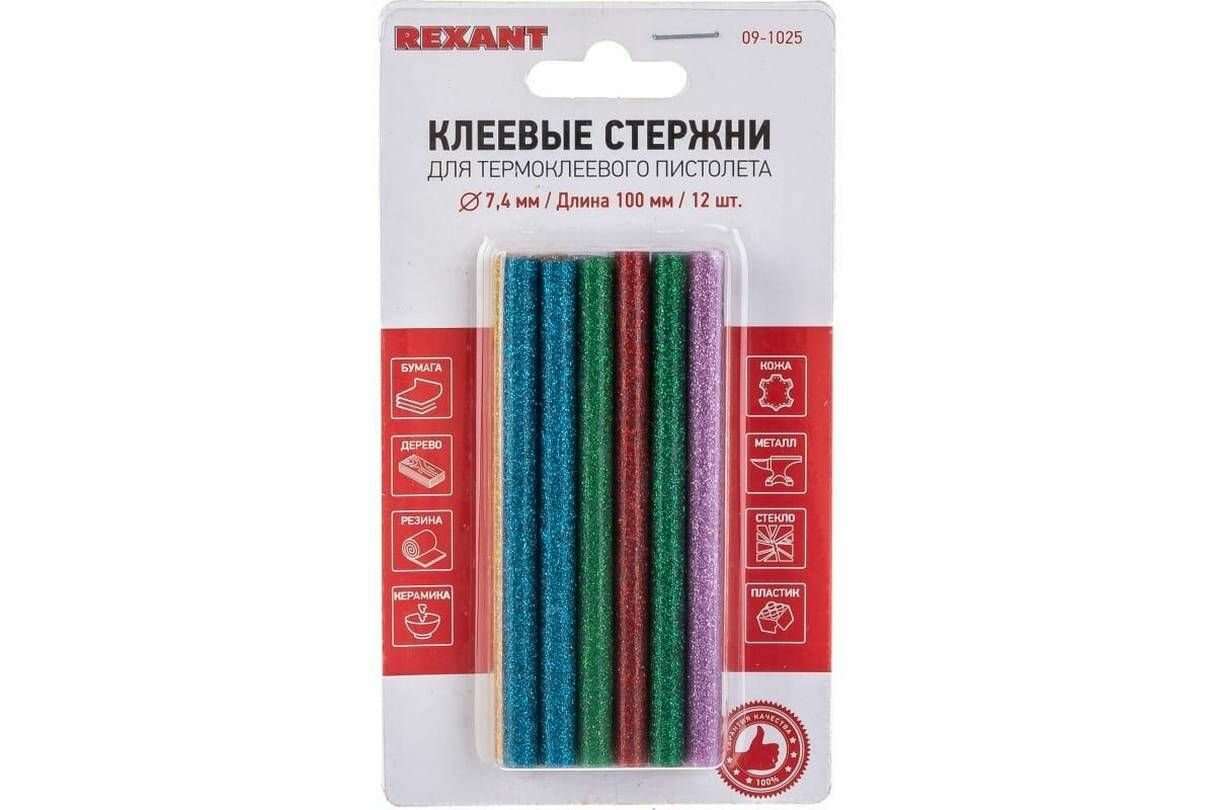 Клеевые стержни универсальные REXANT, 7х100мм, с блестками, 12шт. в наборе