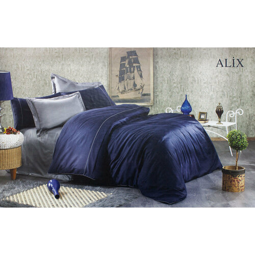 Сатиновое постельное белье Alix темно-синий-антрацит Grazie Home (темно-синий), Евро (наволочки 50x70)